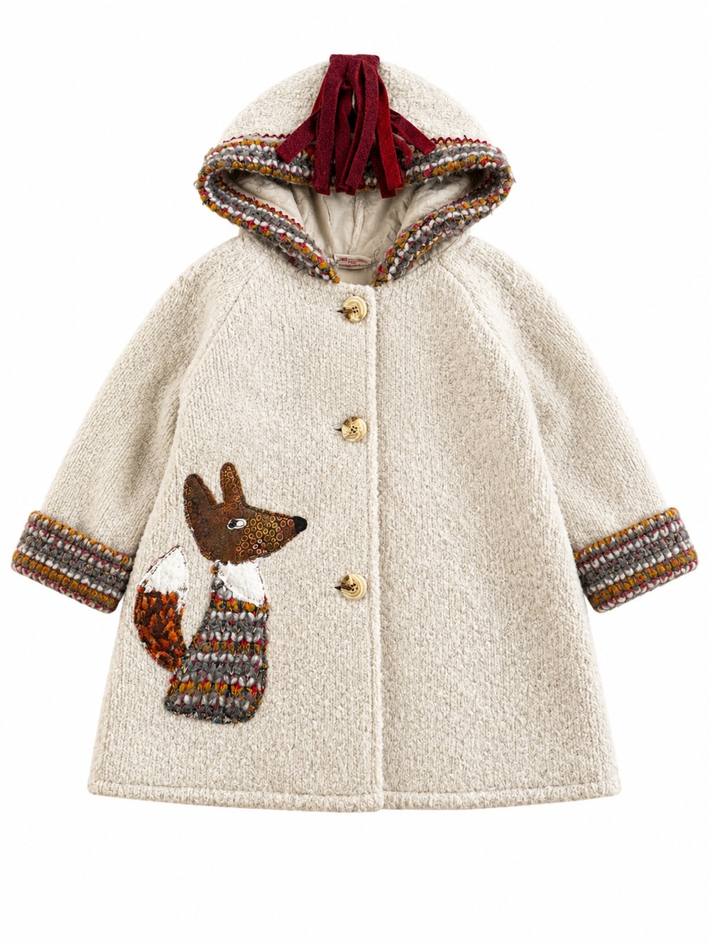 Rare Tuff Kookooshka Fox Hooded Coat Girls 3/4 Wool Mohair Trim Made USA